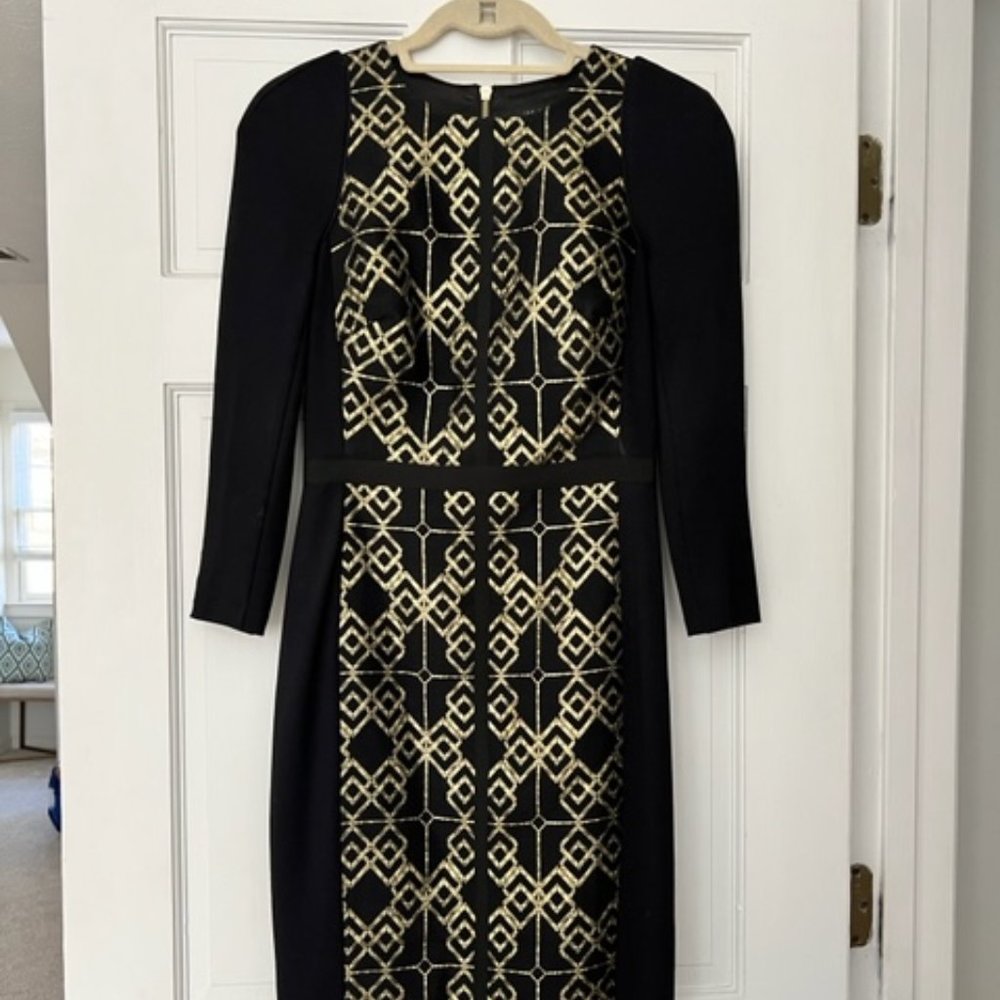 Ted Baker Black & Gold Jacquard Sheath Dress - Sz 1